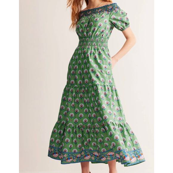 Boden Dress Midi Smocked Green Floral Passion Geo Women’s Size 8P Petite NEW - Picture 1 of 14